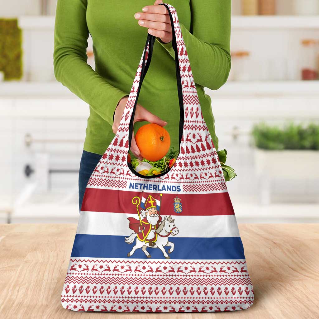 Netherlands Christmas Grocery Bag with Sinterklaas Horse Dutch Flag and Festive Knit Pattern - Wonder Print Shop