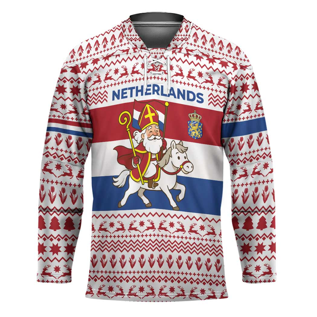 Netherlands Christmas Hockey Jersey with Sinterklaas Horse Dutch Flag and Festive Knit Pattern - Wonder Print Shop