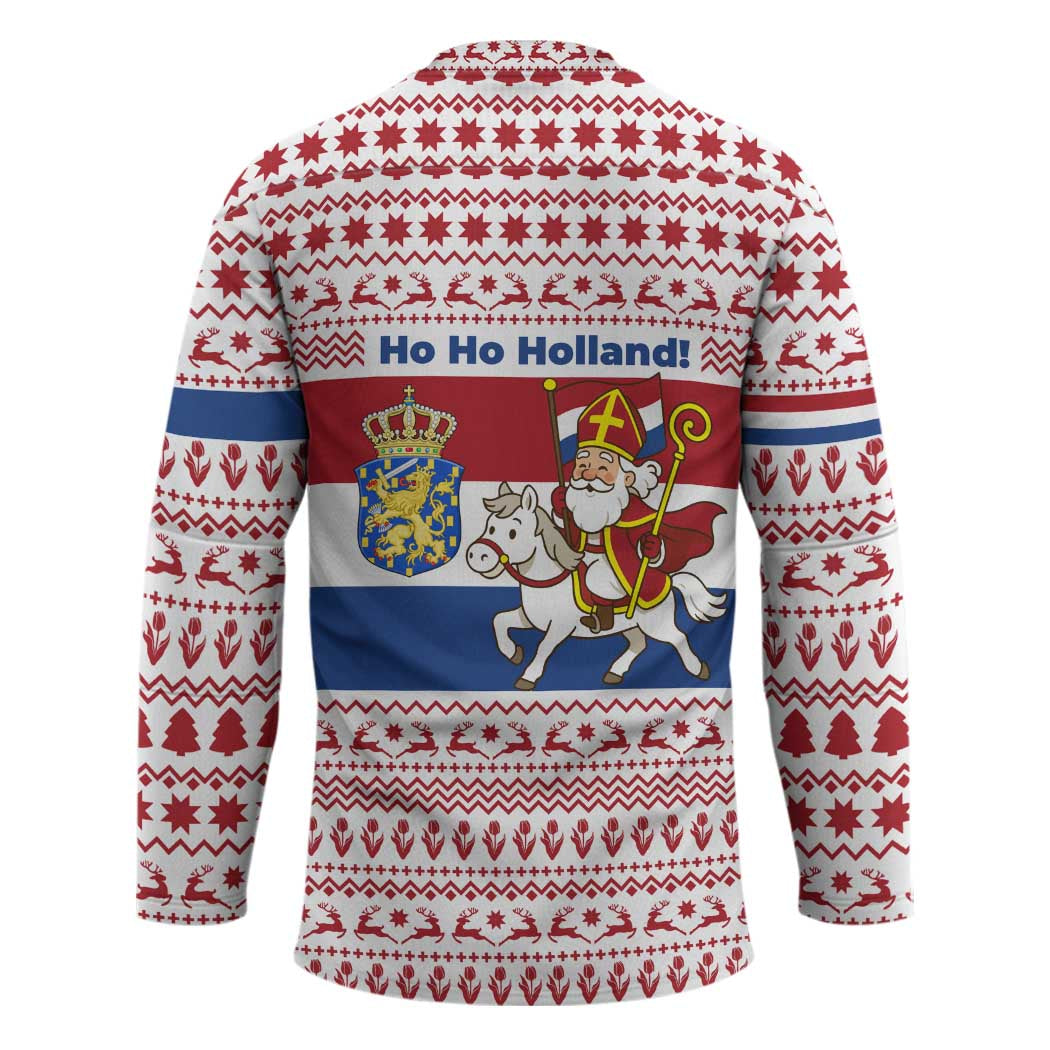Netherlands Christmas Hockey Jersey with Sinterklaas Horse Dutch Flag and Festive Knit Pattern - Wonder Print Shop