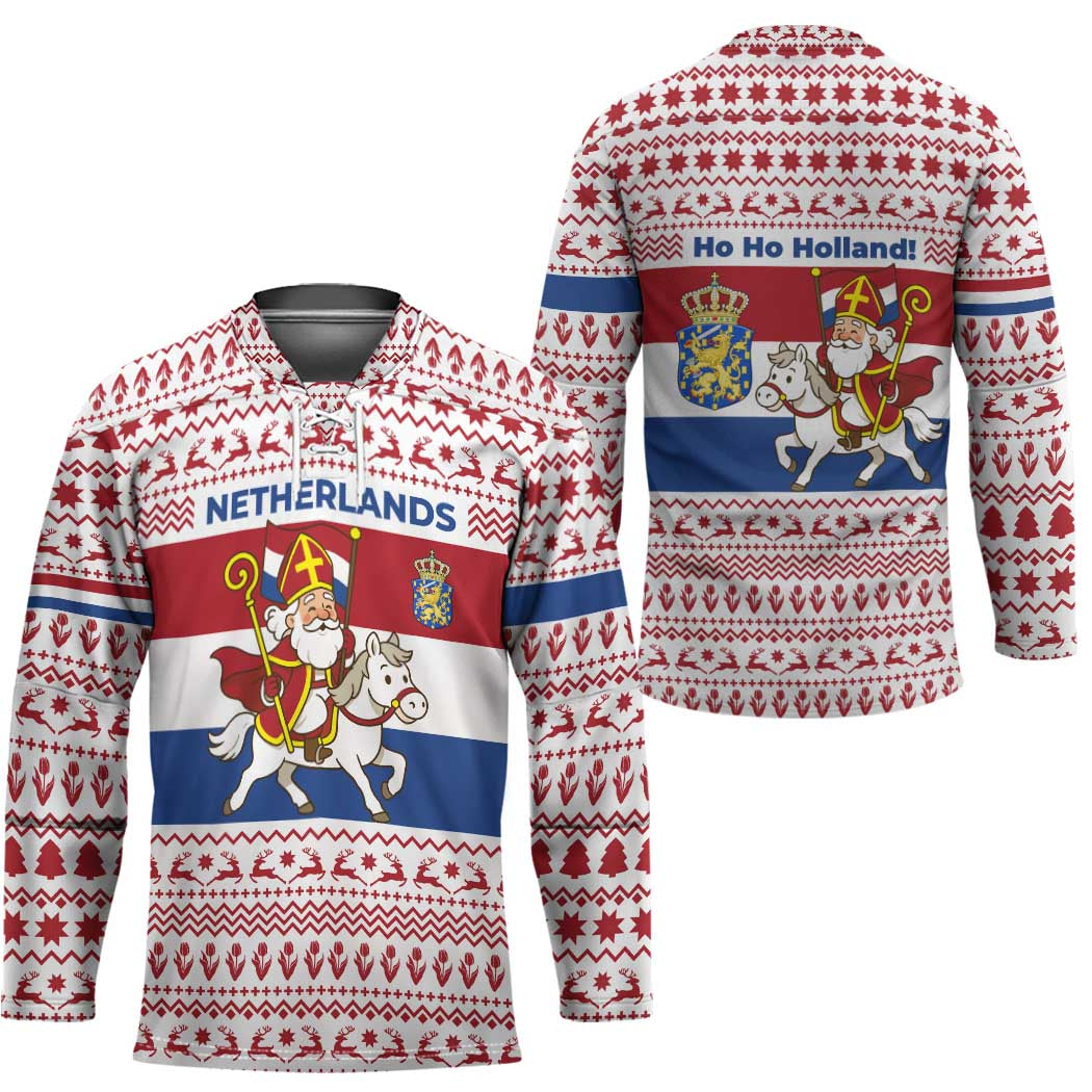 Netherlands Christmas Hockey Jersey with Sinterklaas Horse Dutch Flag and Festive Knit Pattern - Wonder Print Shop