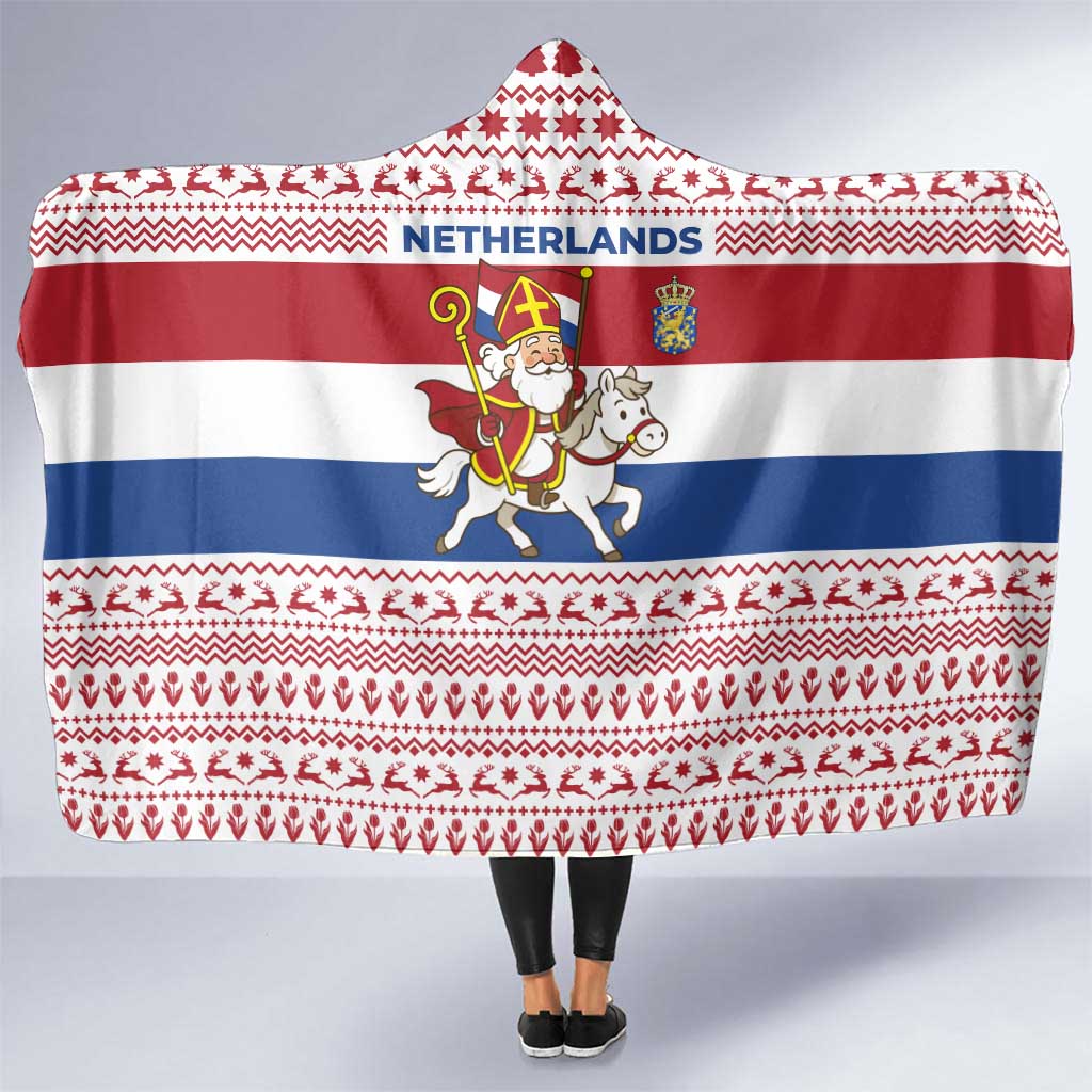 Netherlands Christmas Hooded Blanket with Sinterklaas Horse Dutch Flag and Festive Knit Pattern - Wonder Print Shop