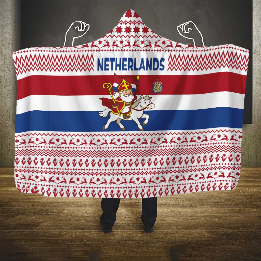 Netherlands Christmas Hooded Blanket with Sinterklaas Horse Dutch Flag and Festive Knit Pattern - Wonder Print Shop