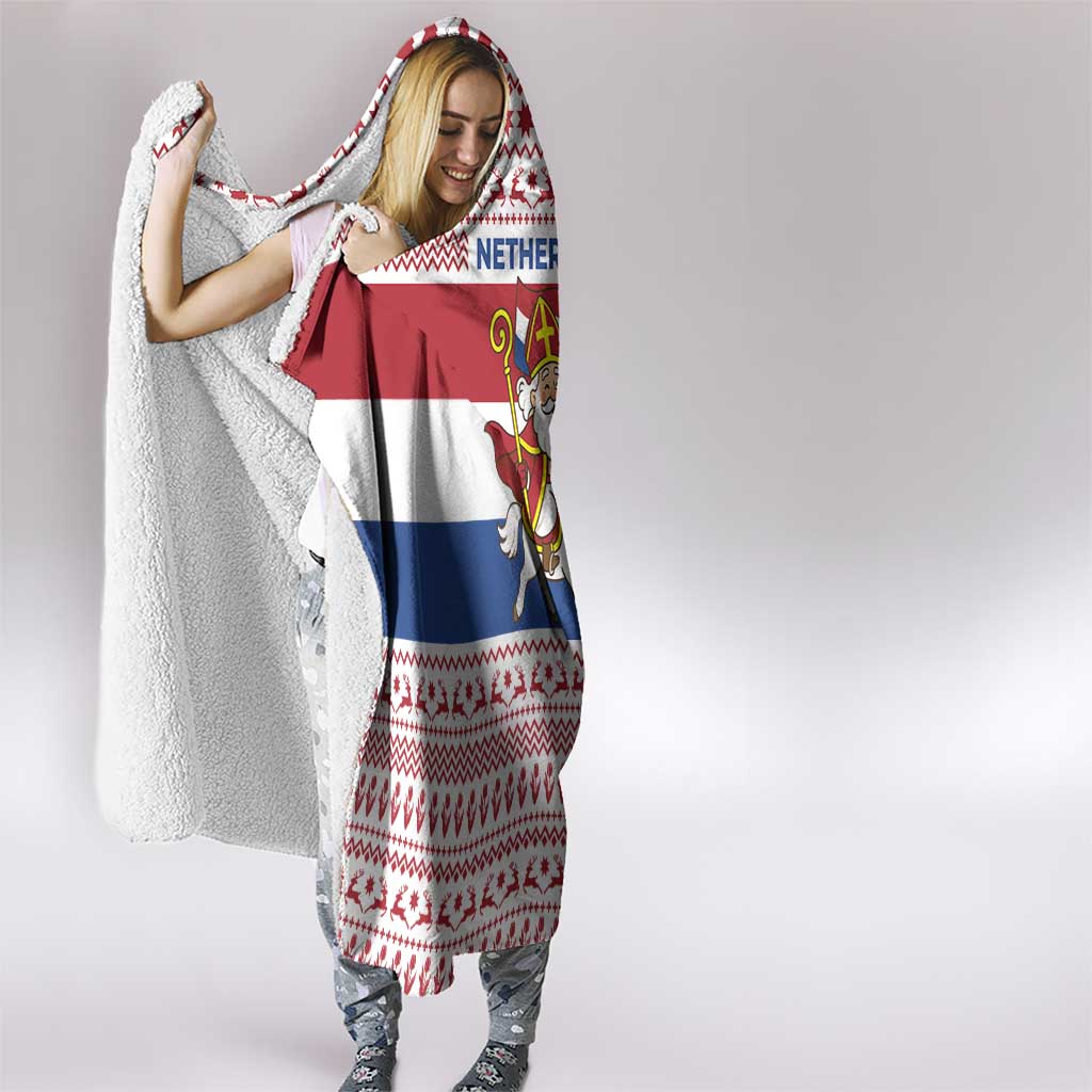 Netherlands Christmas Hooded Blanket with Sinterklaas Horse Dutch Flag and Festive Knit Pattern - Wonder Print Shop
