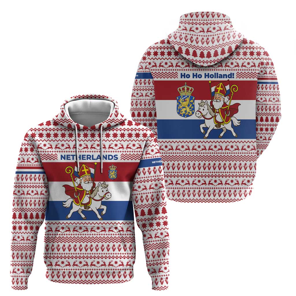 Netherlands Christmas Hoodie with Sinterklaas Horse Dutch Flag and Festive Knit Pattern - Wonder Print Shop