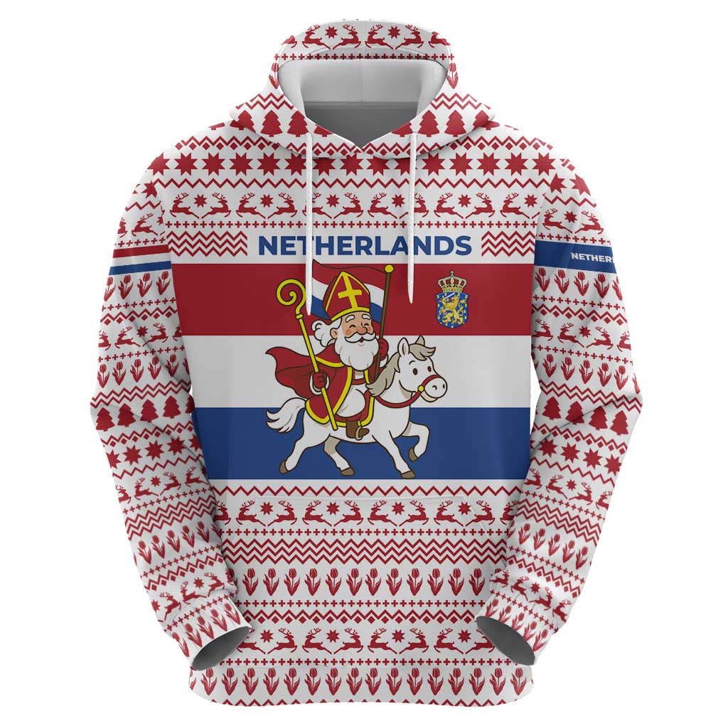 Netherlands Christmas Hoodie with Sinterklaas Horse Dutch Flag and Festive Knit Pattern - Wonder Print Shop