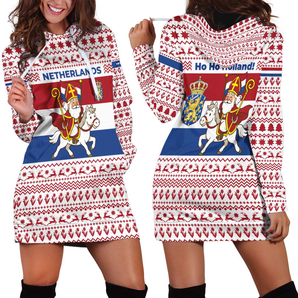 Netherlands Christmas Hoodie Dress with Sinterklaas Horse Dutch Flag and Festive Knit Pattern - Wonder Print Shop