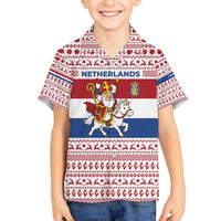 Netherlands Christmas Kid Hawaiian Shirt with Sinterklaas Horse Dutch Flag and Festive Knit Pattern - Wonder Print Shop