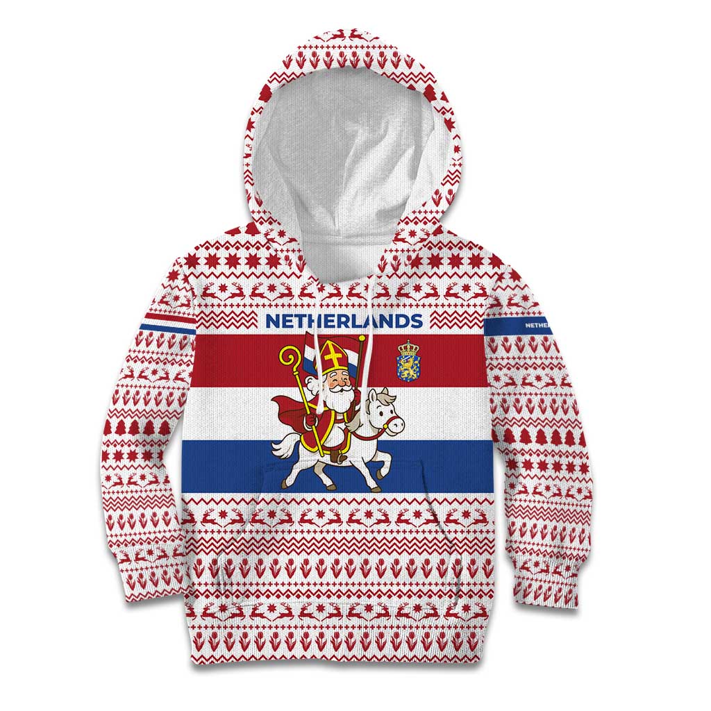 Netherlands Christmas Kid Hoodie with Sinterklaas Horse Dutch Flag and Festive Knit Pattern - Wonder Print Shop