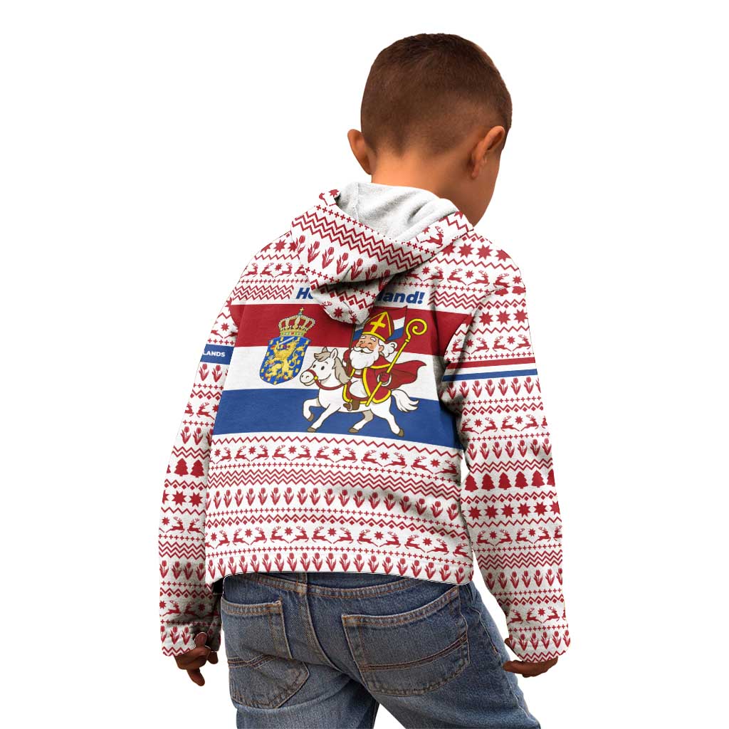 Netherlands Christmas Kid Hoodie with Sinterklaas Horse Dutch Flag and Festive Knit Pattern - Wonder Print Shop