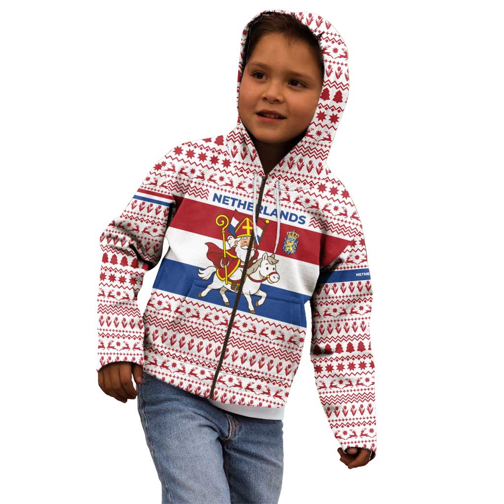 Netherlands Christmas Kid Hoodie with Sinterklaas Horse Dutch Flag and Festive Knit Pattern - Wonder Print Shop