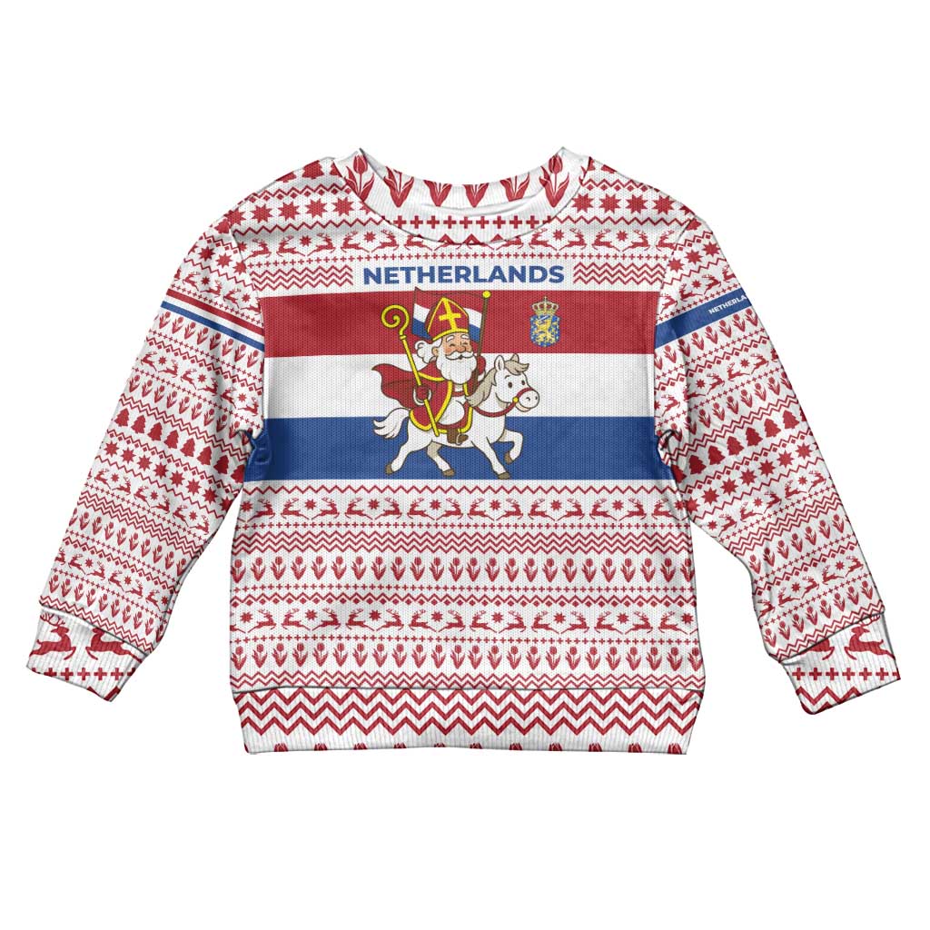 Netherlands Christmas Kid Ugly Christmas Sweater with Sinterklaas Horse Dutch Flag and Festive Knit Pattern - Wonder Print Shop