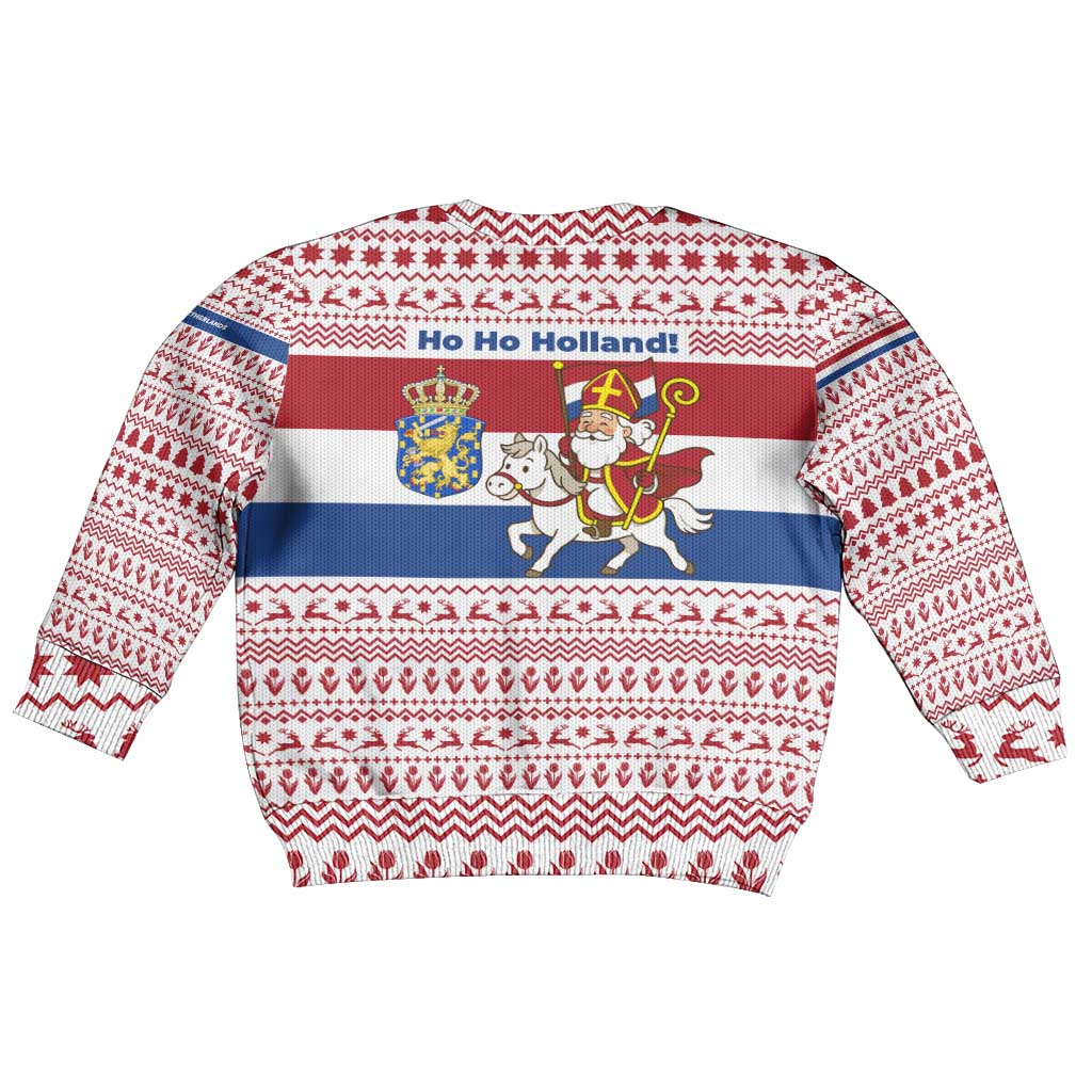 Netherlands Christmas Kid Ugly Christmas Sweater with Sinterklaas Horse Dutch Flag and Festive Knit Pattern - Wonder Print Shop