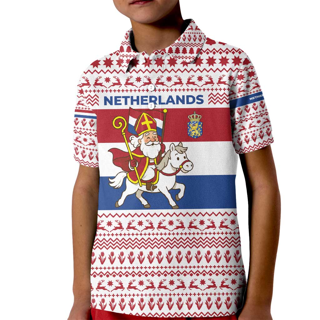Netherlands Christmas Kid Polo Shirt with Sinterklaas Horse Dutch Flag and Festive Knit Pattern - Wonder Print Shop