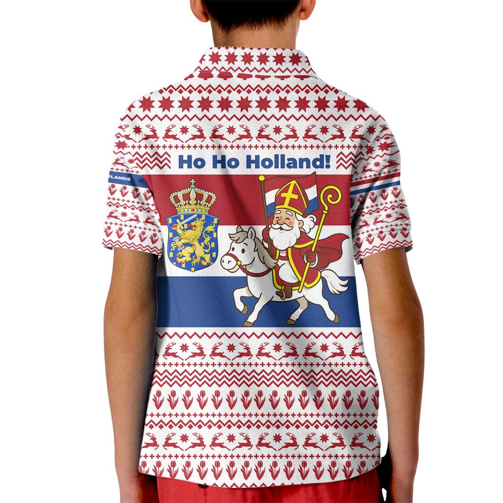 Netherlands Christmas Kid Polo Shirt with Sinterklaas Horse Dutch Flag and Festive Knit Pattern - Wonder Print Shop