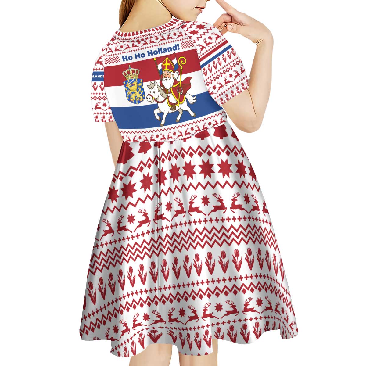 Netherlands Christmas Kid Short Sleeve Dress with Sinterklaas Horse Dutch Flag and Festive Knit Pattern - Wonder Print Shop