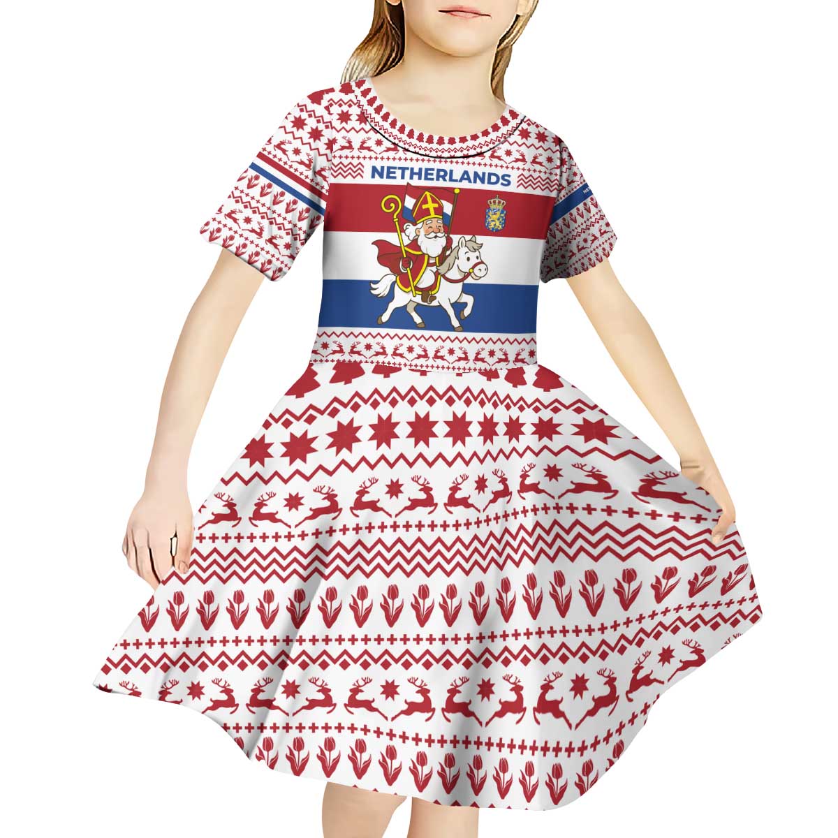 Netherlands Christmas Kid Short Sleeve Dress with Sinterklaas Horse Dutch Flag and Festive Knit Pattern - Wonder Print Shop