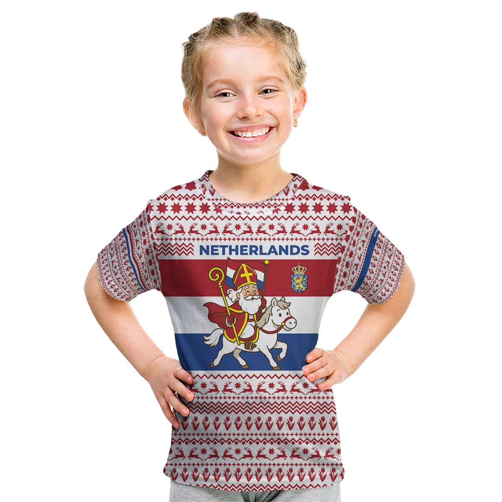 Netherlands Christmas Kid T Shirt with Sinterklaas Horse Dutch Flag and Festive Knit Pattern - Wonder Print Shop