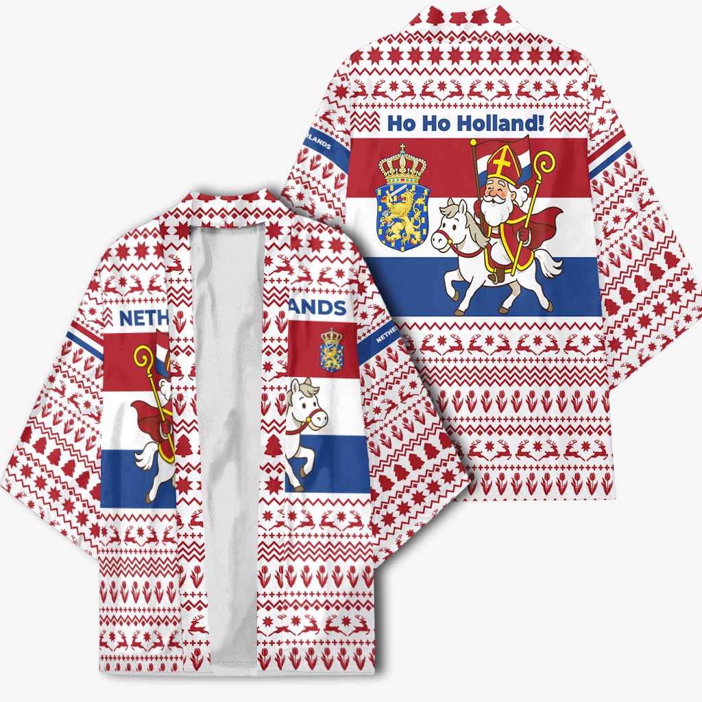Netherlands Christmas Kimono with Sinterklaas Horse Dutch Flag and Festive Knit Pattern - Wonder Print Shop