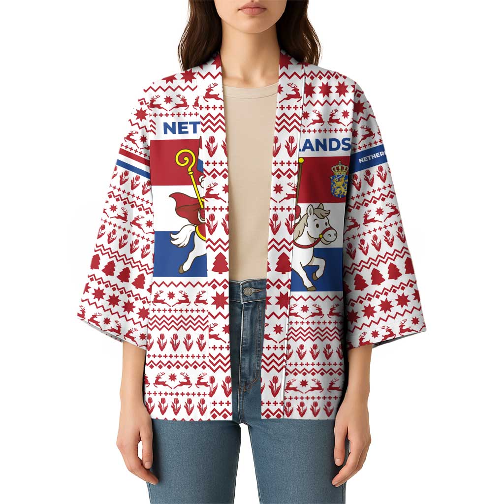 Netherlands Christmas Kimono with Sinterklaas Horse Dutch Flag and Festive Knit Pattern - Wonder Print Shop