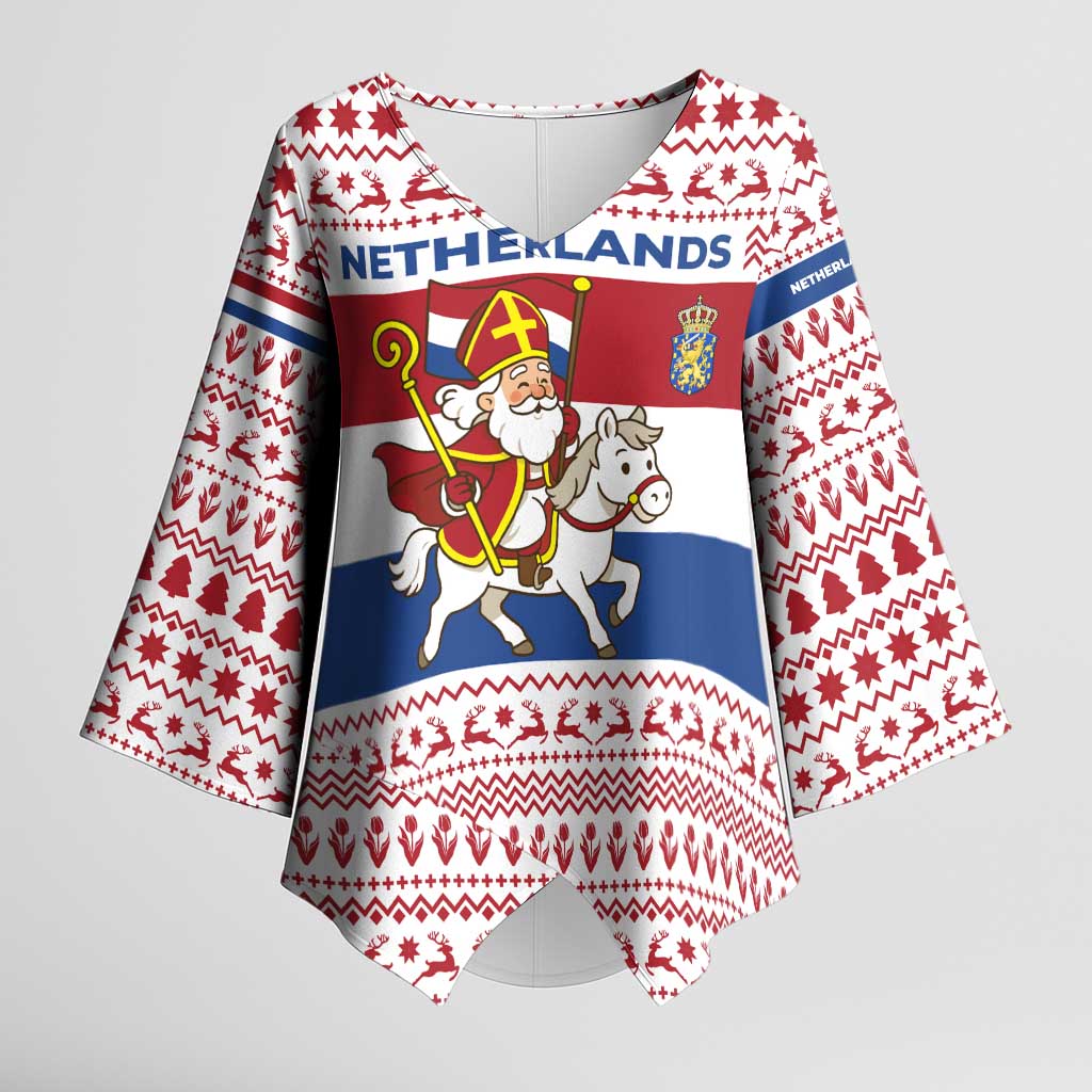 Netherlands Christmas Kimono Sleeve Blouse with Sinterklaas Horse Dutch Flag and Festive Knit Pattern - Wonder Print Shop