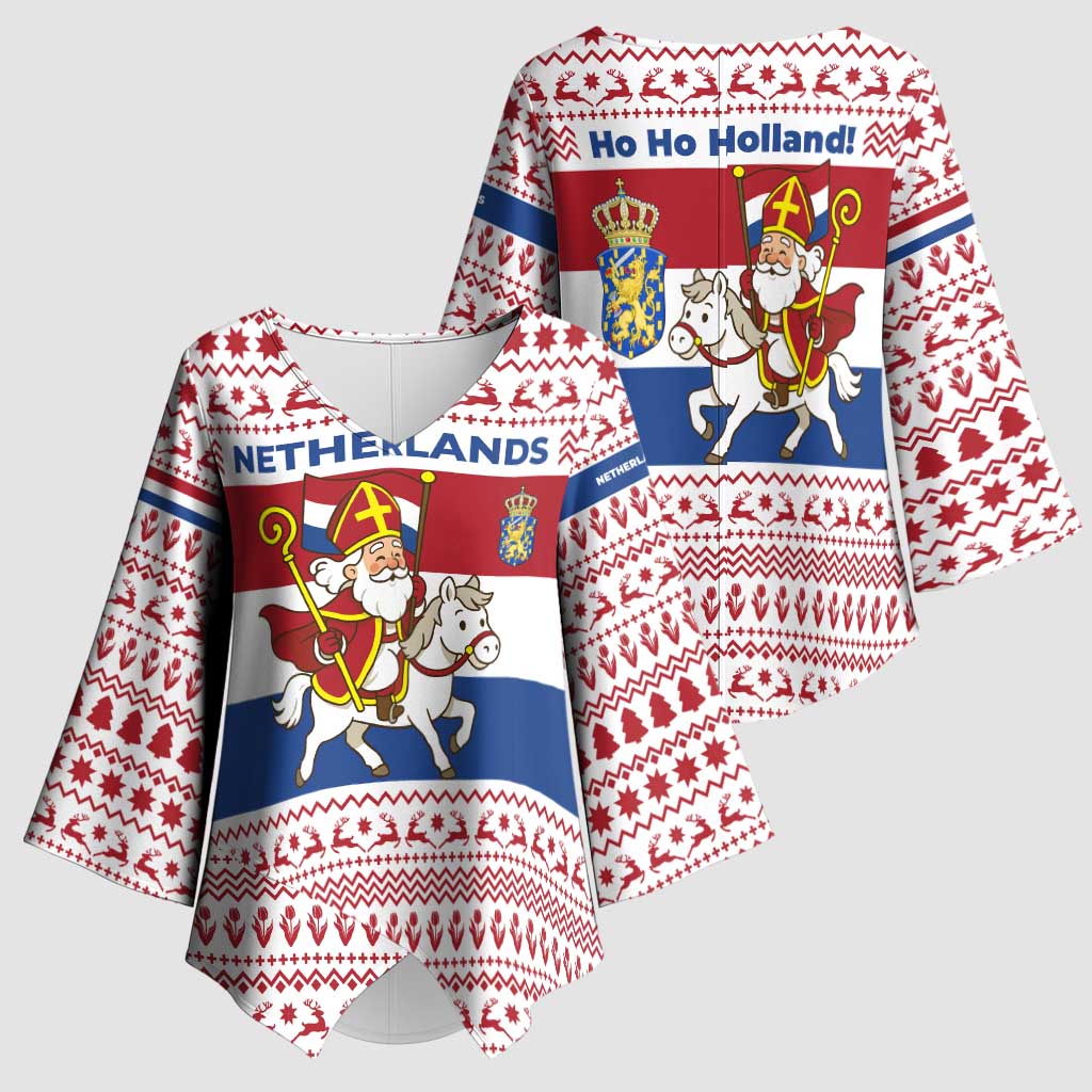 Netherlands Christmas Kimono Sleeve Blouse with Sinterklaas Horse Dutch Flag and Festive Knit Pattern - Wonder Print Shop