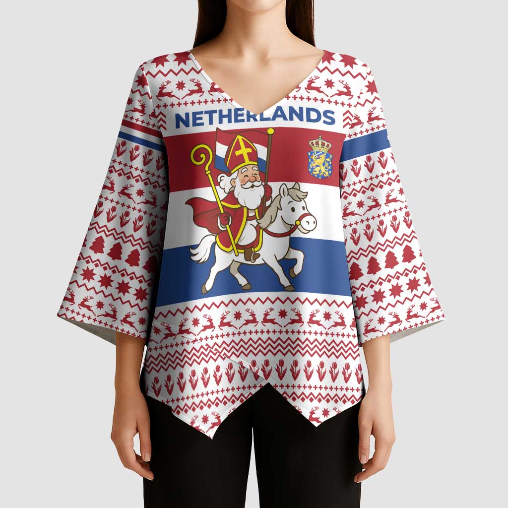 Netherlands Christmas Kimono Sleeve Blouse with Sinterklaas Horse Dutch Flag and Festive Knit Pattern - Wonder Print Shop