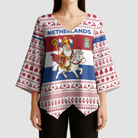 Netherlands Christmas Kimono Sleeve Blouse with Sinterklaas Horse Dutch Flag and Festive Knit Pattern - Wonder Print Shop