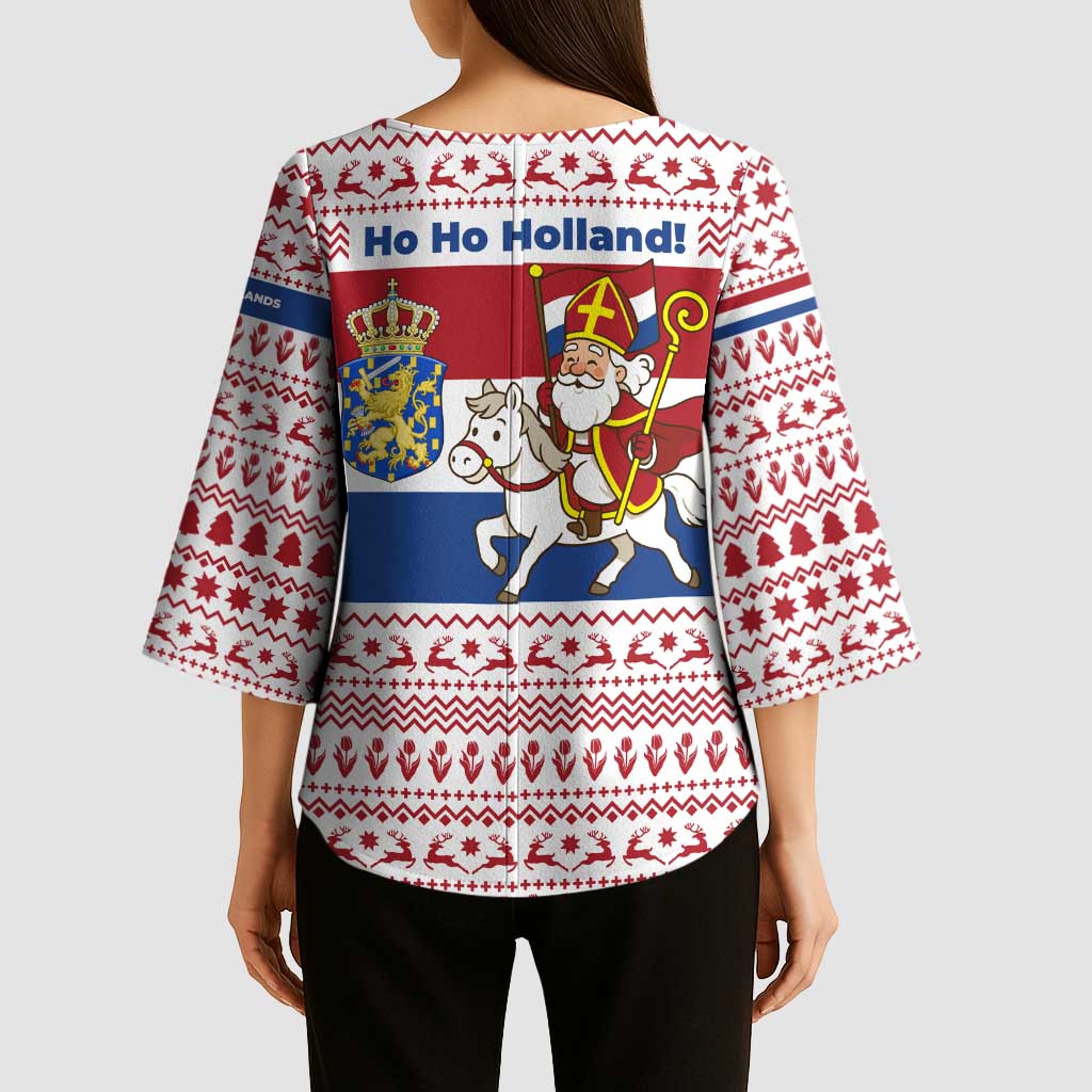 Netherlands Christmas Kimono Sleeve Blouse with Sinterklaas Horse Dutch Flag and Festive Knit Pattern - Wonder Print Shop
