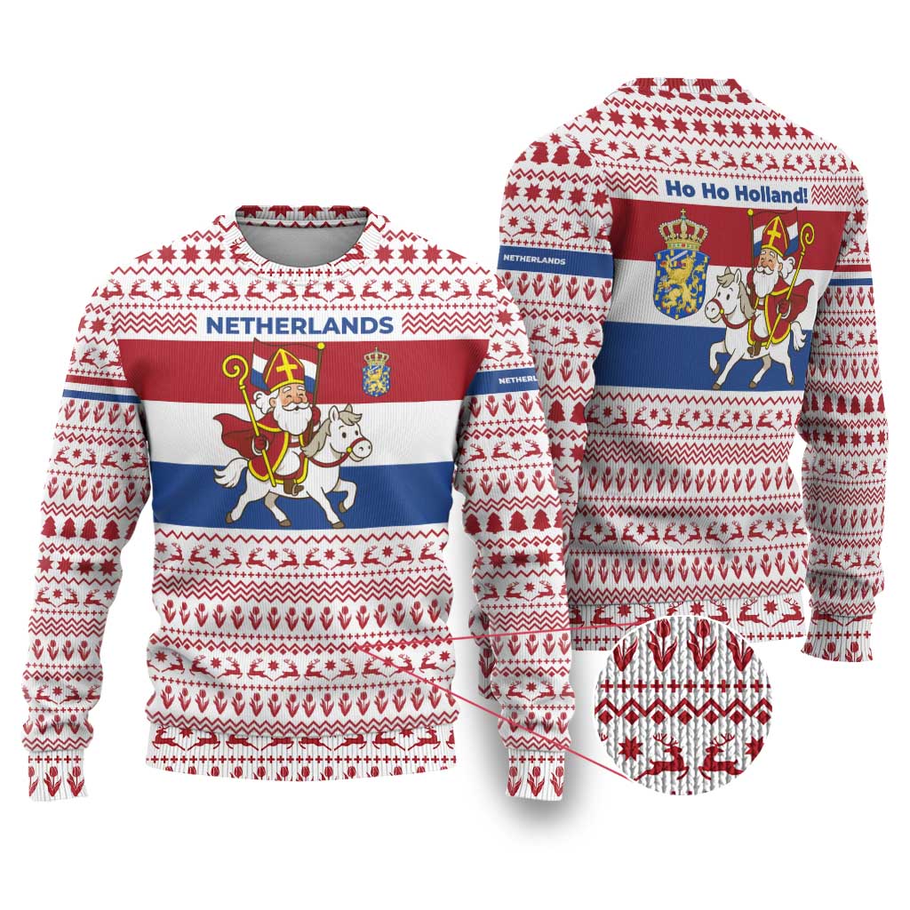 Netherlands Christmas Ugly Christmas Sweater with Sinterklaas Horse Dutch Flag and Festive Knit Pattern - Wonder Print Shop