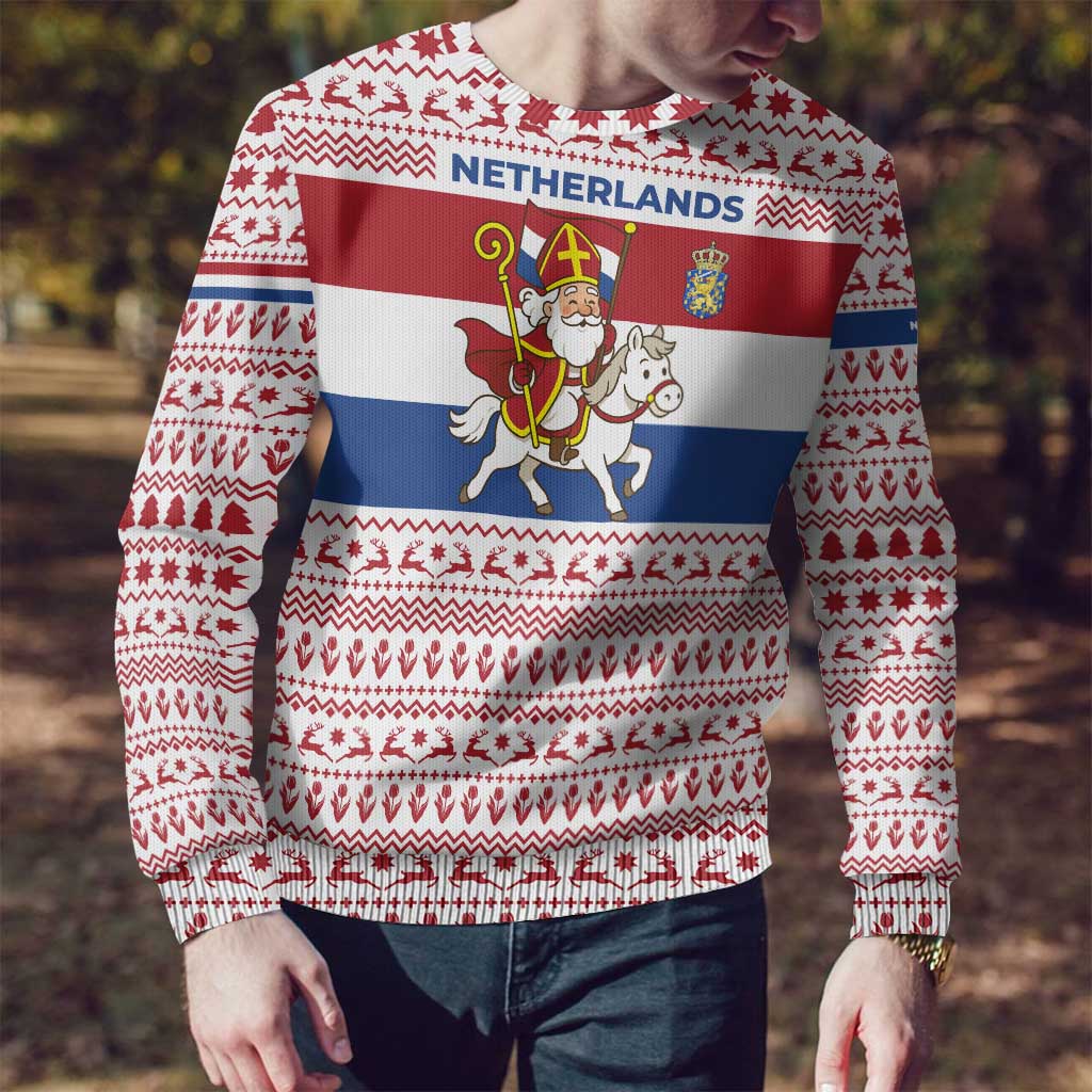 Netherlands Christmas Ugly Christmas Sweater with Sinterklaas Horse Dutch Flag and Festive Knit Pattern - Wonder Print Shop
