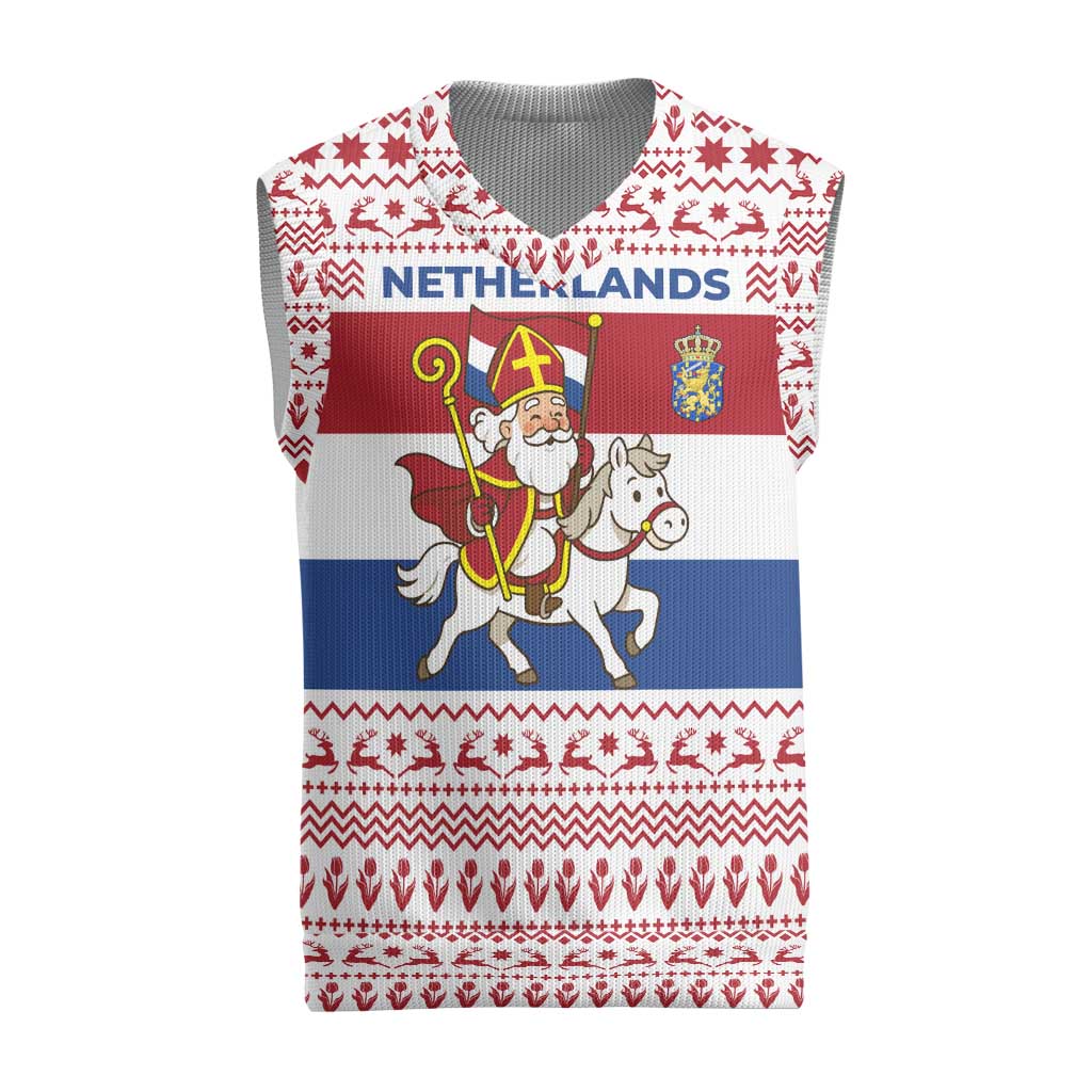 Netherlands Christmas Knitted V-Neck Vest with Sinterklaas Horse Dutch Flag and Festive Knit Pattern - Wonder Print Shop