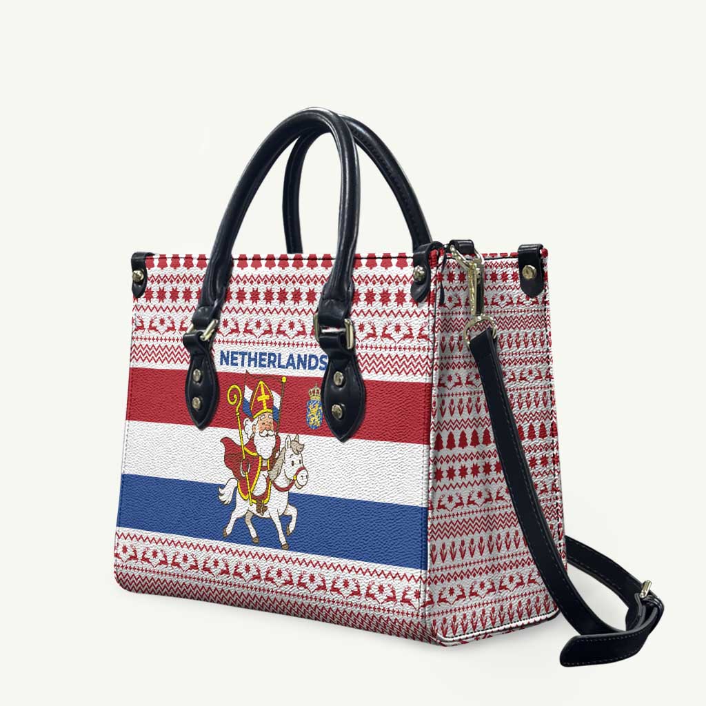 Netherlands Christmas Leather Bag with Sinterklaas Horse Dutch Flag and Festive Knit Pattern - Wonder Print Shop