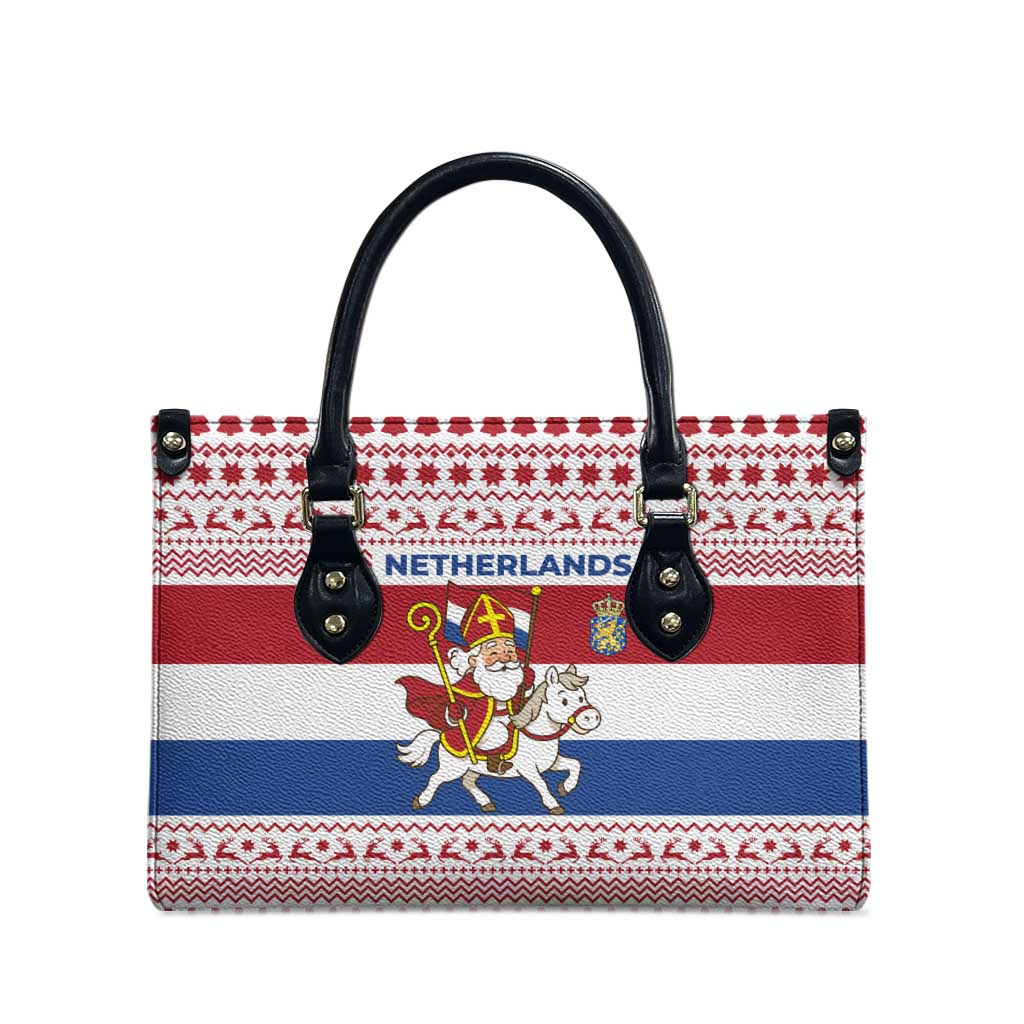 Netherlands Christmas Leather Bag with Sinterklaas Horse Dutch Flag and Festive Knit Pattern - Wonder Print Shop