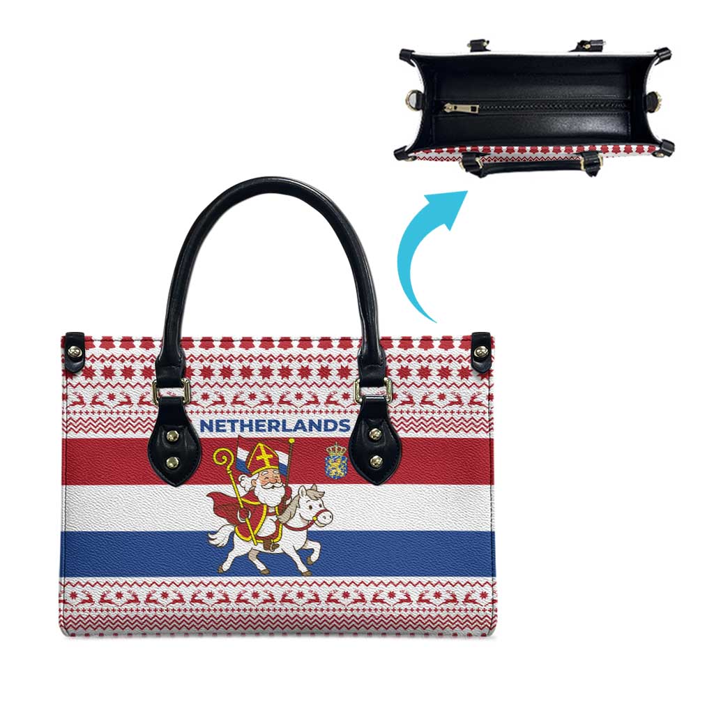 Netherlands Christmas Leather Bag with Sinterklaas Horse Dutch Flag and Festive Knit Pattern - Wonder Print Shop