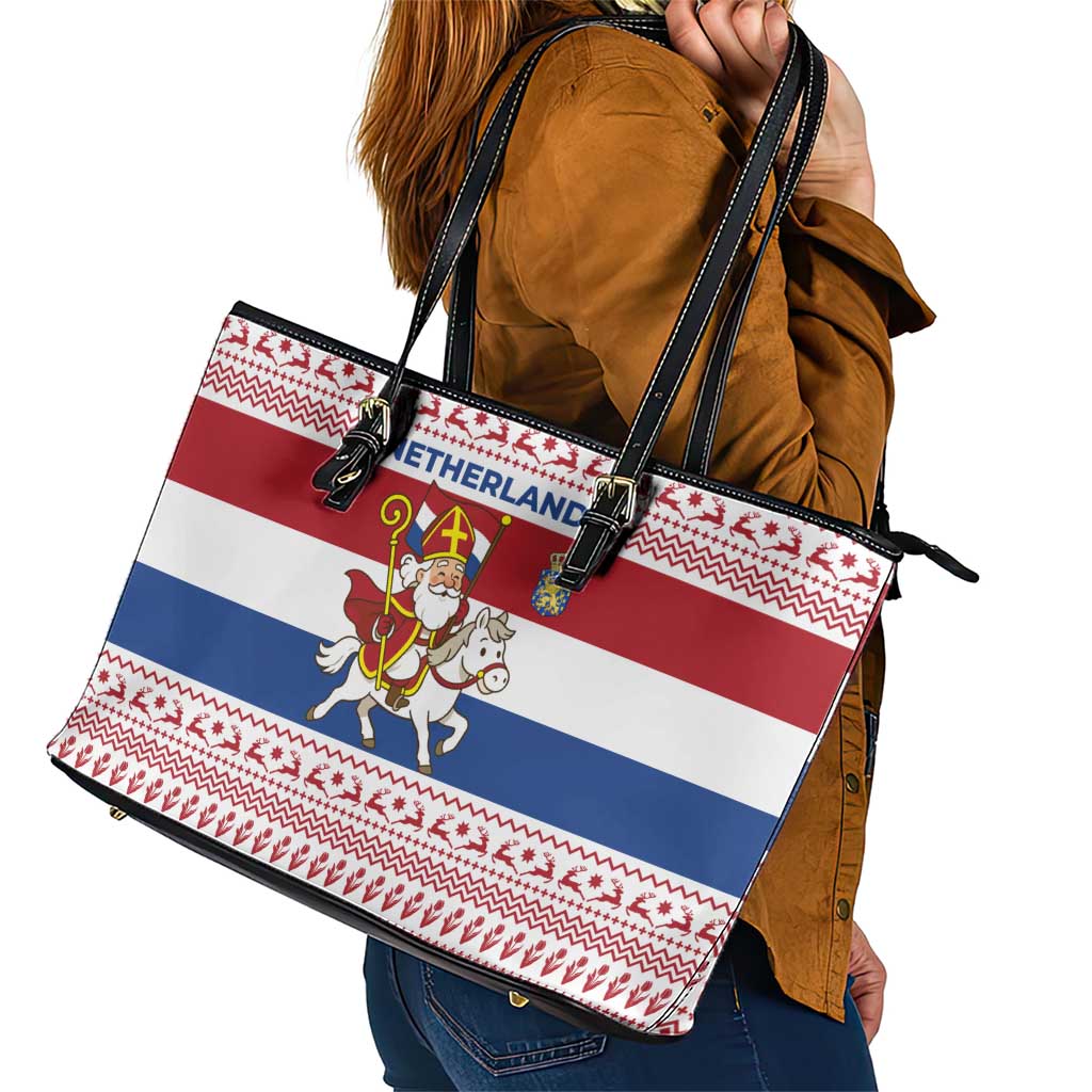 Netherlands Christmas Leather Tote Bag with Sinterklaas Horse Dutch Flag and Festive Knit Pattern - Wonder Print Shop
