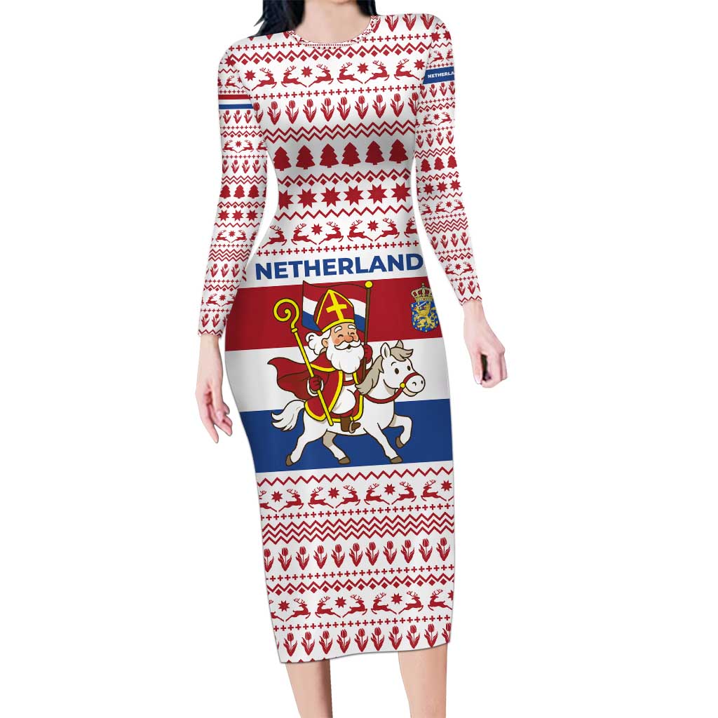 Netherlands Christmas Long Sleeve Bodycon Dress with Sinterklaas Horse Dutch Flag and Festive Knit Pattern - Wonder Print Shop