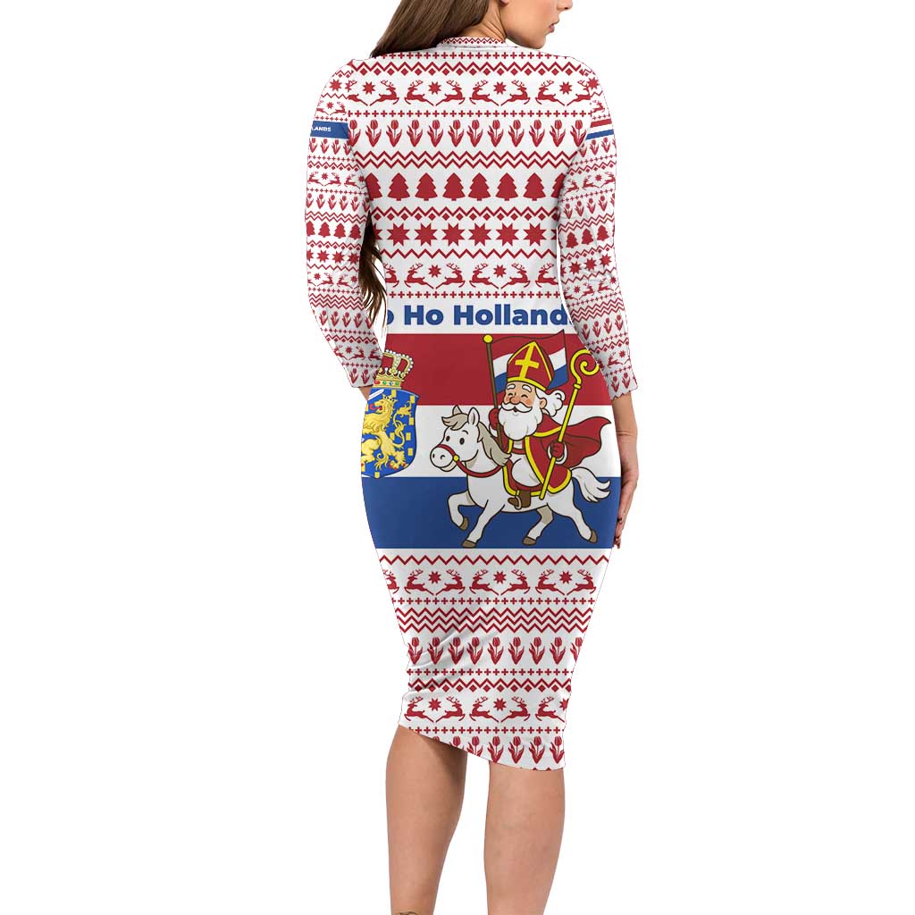 Netherlands Christmas Long Sleeve Bodycon Dress with Sinterklaas Horse Dutch Flag and Festive Knit Pattern - Wonder Print Shop