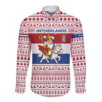 Netherlands Christmas Long Sleeve Button Shirt with Sinterklaas Horse Dutch Flag and Festive Knit Pattern - Wonder Print Shop