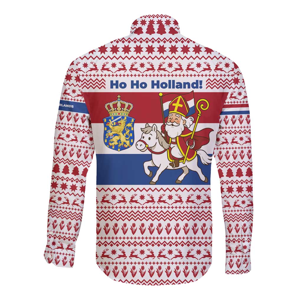 Netherlands Christmas Long Sleeve Button Shirt with Sinterklaas Horse Dutch Flag and Festive Knit Pattern - Wonder Print Shop