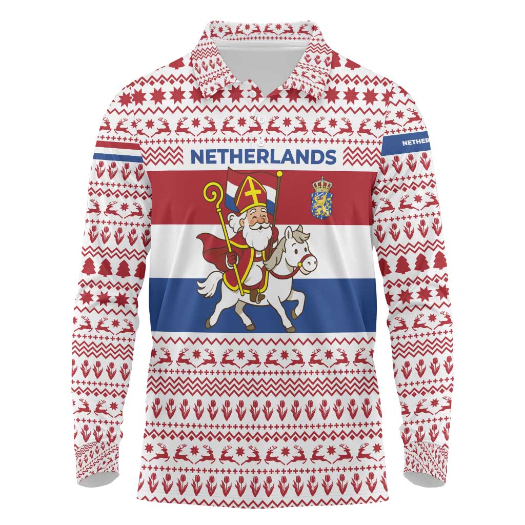 Netherlands Christmas Long Sleeve Polo Shirt with Sinterklaas Horse Dutch Flag and Festive Knit Pattern - Wonder Print Shop