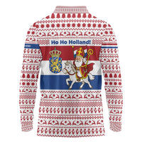 Netherlands Christmas Long Sleeve Polo Shirt with Sinterklaas Horse Dutch Flag and Festive Knit Pattern - Wonder Print Shop