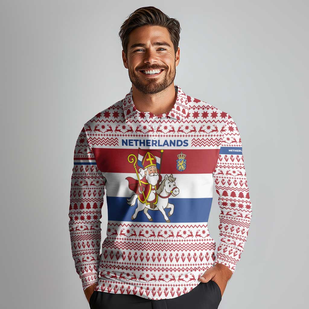 Netherlands Christmas Long Sleeve Polo Shirt with Sinterklaas Horse Dutch Flag and Festive Knit Pattern - Wonder Print Shop