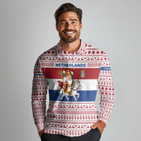 Netherlands Christmas Long Sleeve Polo Shirt with Sinterklaas Horse Dutch Flag and Festive Knit Pattern - Wonder Print Shop