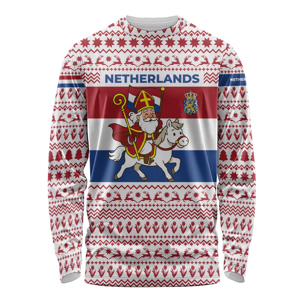 Netherlands Christmas Long Sleeve Shirt with Sinterklaas Horse Dutch Flag and Festive Knit Pattern - Wonder Print Shop
