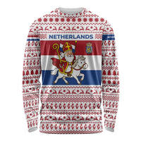 Netherlands Christmas Long Sleeve Shirt with Sinterklaas Horse Dutch Flag and Festive Knit Pattern - Wonder Print Shop