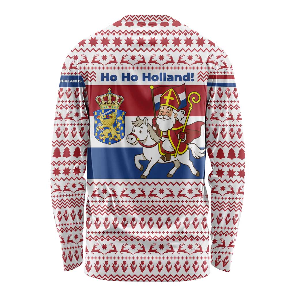 Netherlands Christmas Long Sleeve Shirt with Sinterklaas Horse Dutch Flag and Festive Knit Pattern - Wonder Print Shop