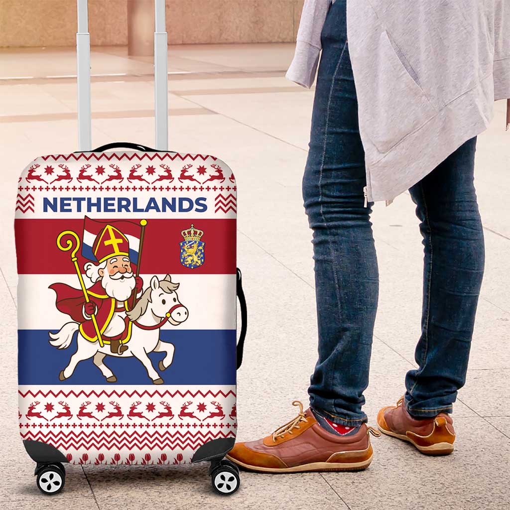 Netherlands Christmas Luggage Cover with Sinterklaas Horse Dutch Flag and Festive Knit Pattern - Wonder Print Shop