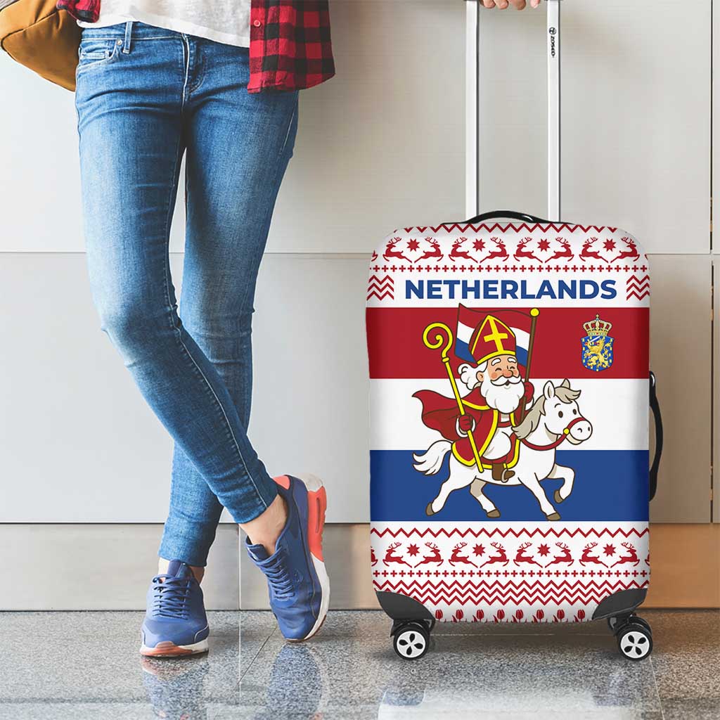 Netherlands Christmas Luggage Cover with Sinterklaas Horse Dutch Flag and Festive Knit Pattern - Wonder Print Shop
