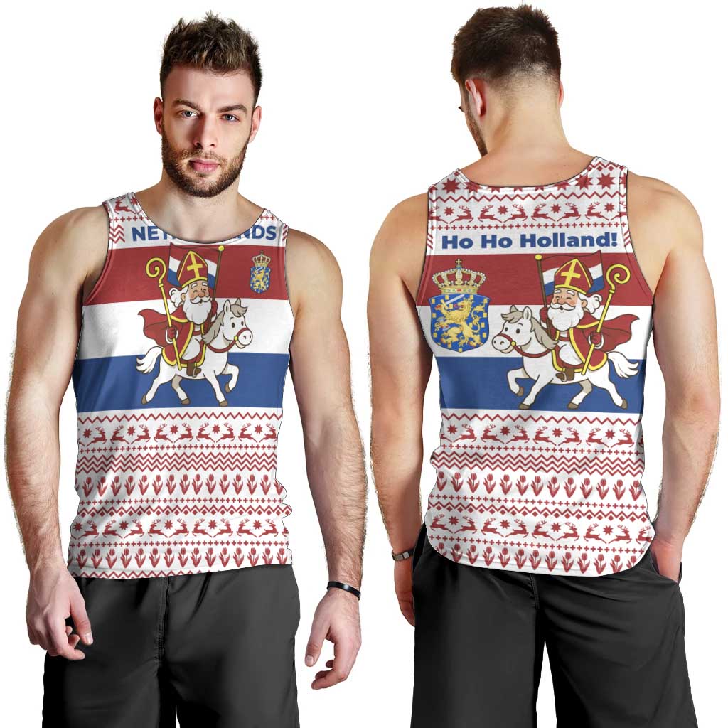 Netherlands Christmas Men Tank Top with Sinterklaas Horse Dutch Flag and Festive Knit Pattern - Wonder Print Shop