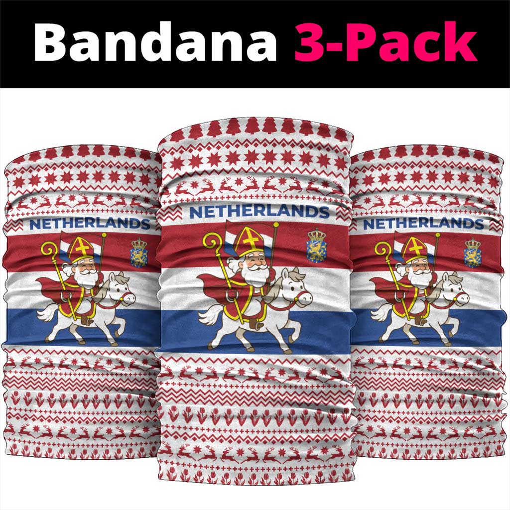 Netherlands Christmas Neck Gaiter with Sinterklaas Horse Dutch Flag and Festive Knit Pattern - Wonder Print Shop